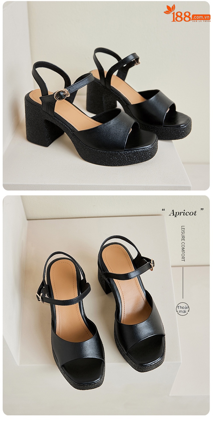 Sandal cao gót nữ quai ngang da thật đế dày chống thấm — Màu đen chi tiết 30