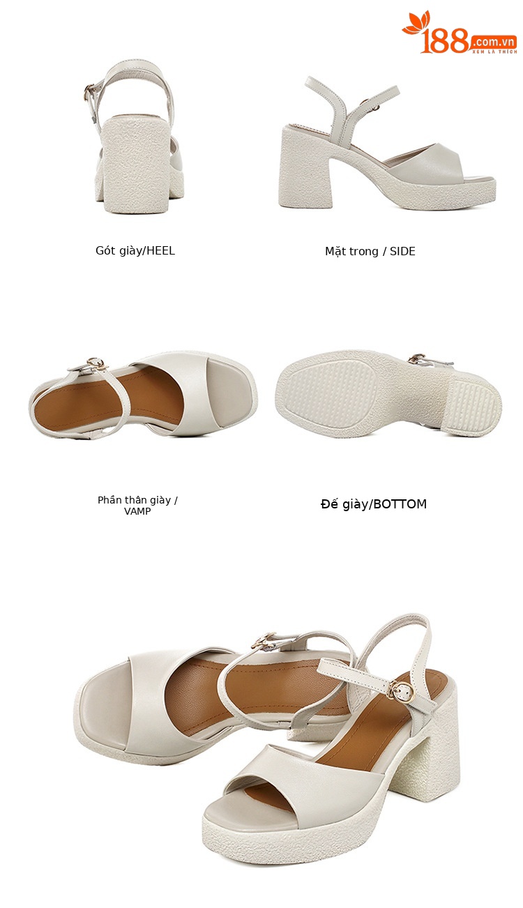 Sandal cao gót nữ quai ngang da thật đế dày chống thấm — Màu đen chi tiết 32