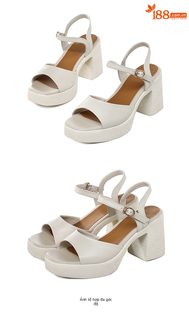 Sandal cao gót nữ quai ngang da thật đế dày chống thấm — Màu đen chi tiết 33