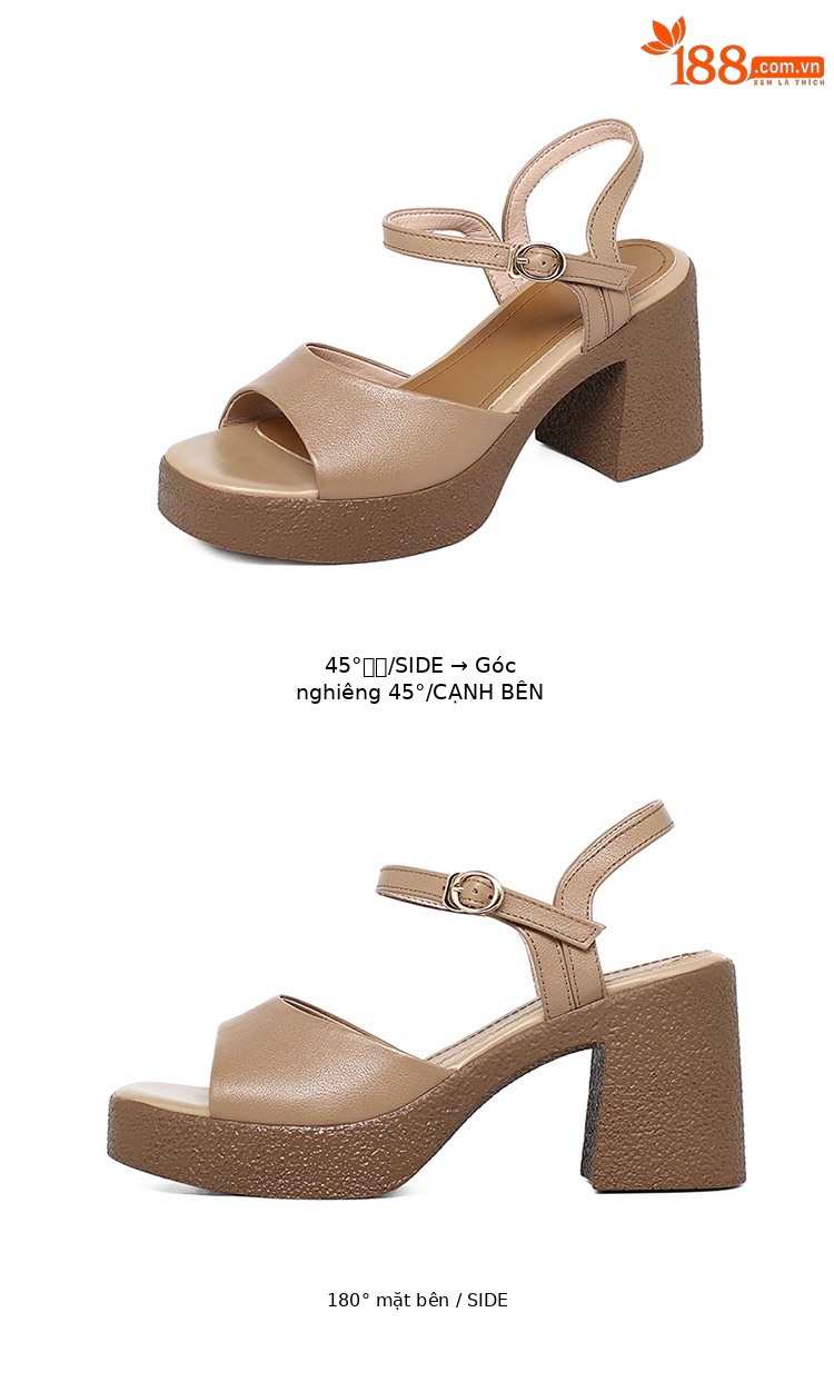 Sandal cao gót nữ quai ngang da thật đế dày chống thấm — Màu đen chi tiết 34