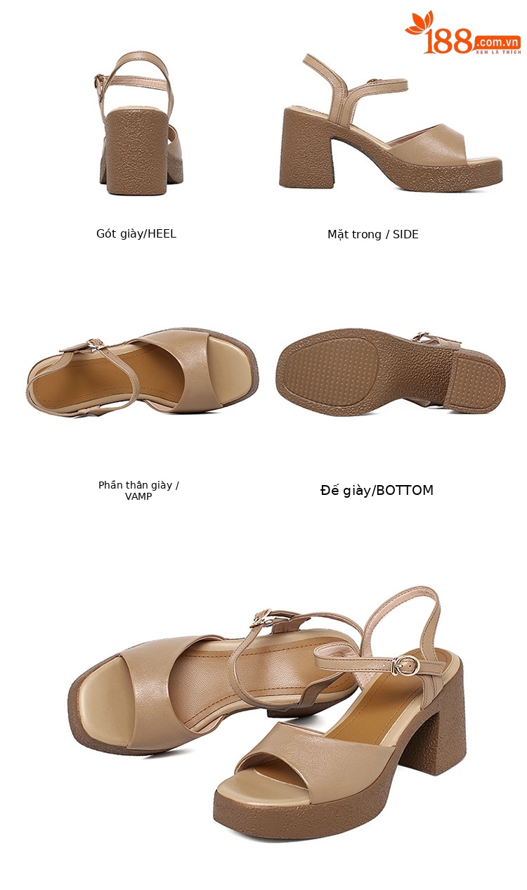Sandal cao gót nữ quai ngang da thật đế dày chống thấm — Màu đen chi tiết 35