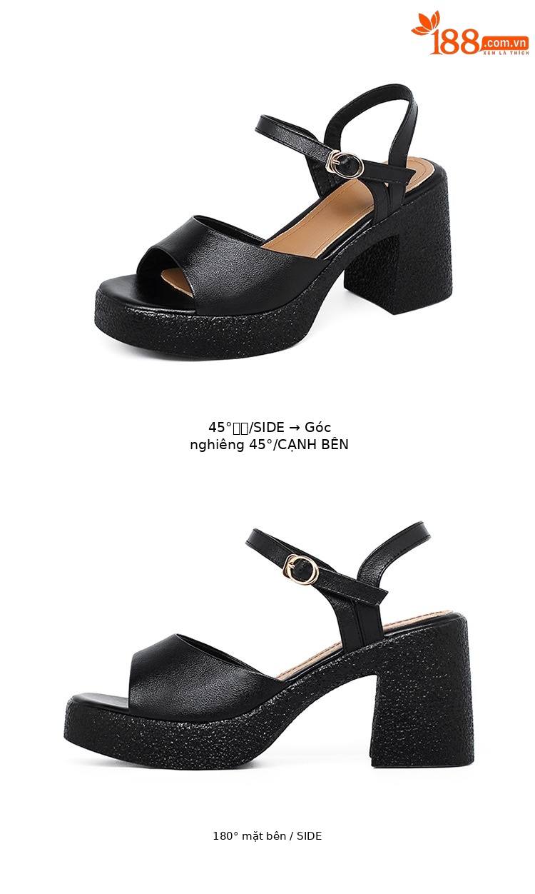 Sandal cao gót nữ quai ngang da thật đế dày chống thấm — Màu đen chi tiết 37