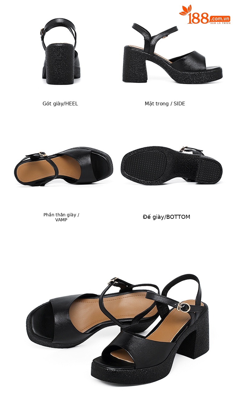 Sandal cao gót nữ quai ngang da thật đế dày chống thấm — Màu đen chi tiết 38