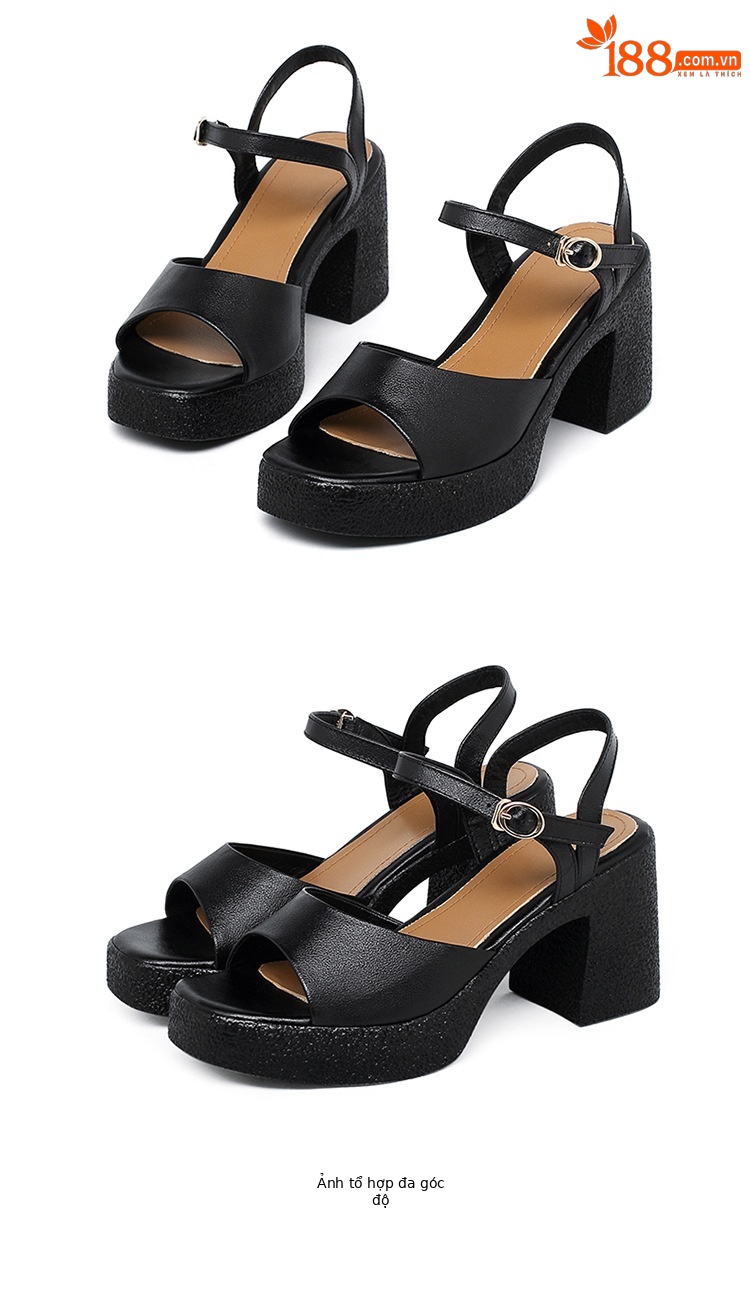 Sandal cao gót nữ quai ngang da thật đế dày chống thấm — Màu đen chi tiết 39