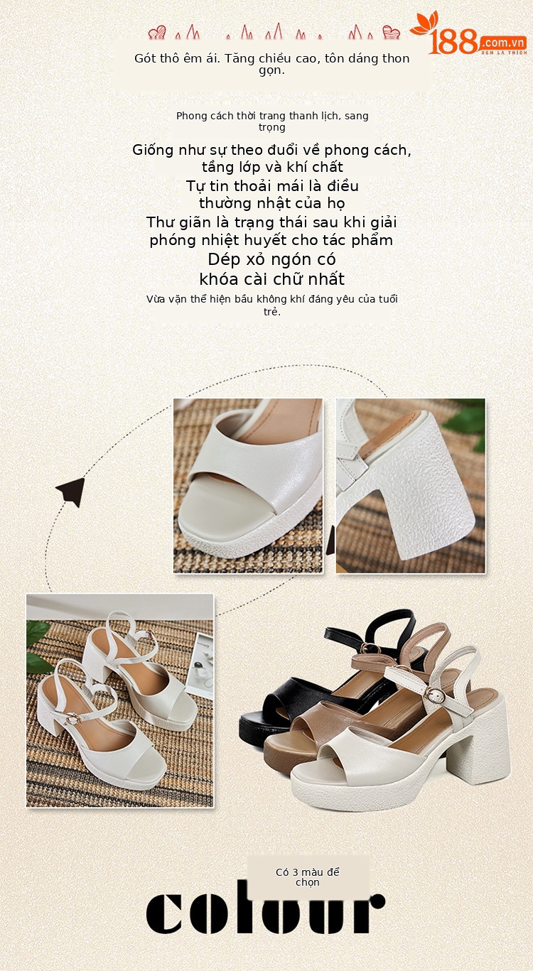 Sandal cao gót nữ quai ngang da thật đế dày chống thấm — Màu đen chi tiết 2