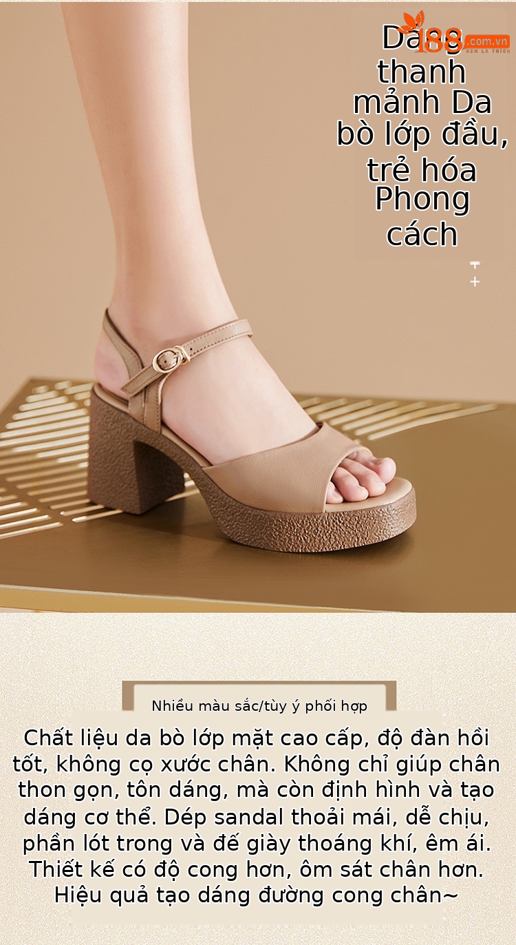 Sandal cao gót nữ quai ngang da thật đế dày chống thấm — Màu đen chi tiết 3