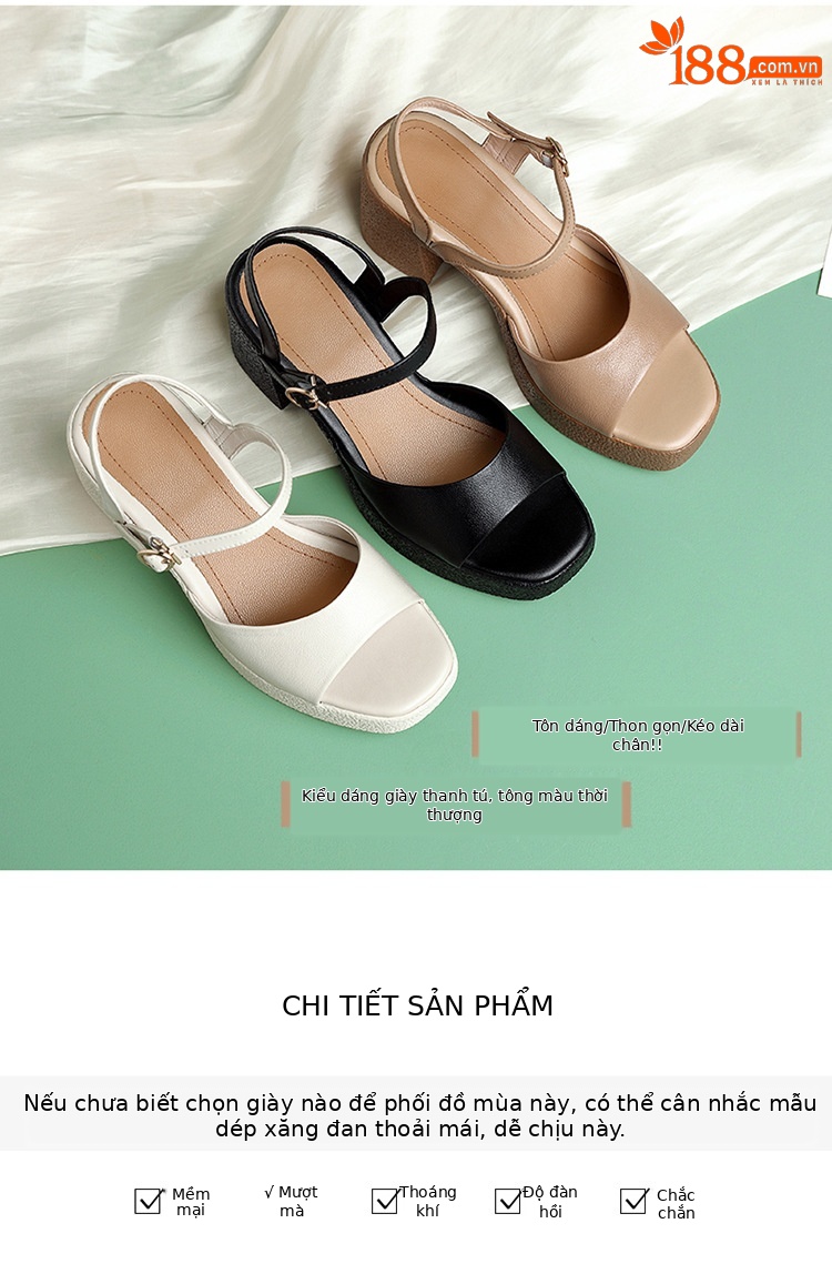 Sandal cao gót nữ quai ngang da thật đế dày chống thấm — Màu đen chi tiết 5