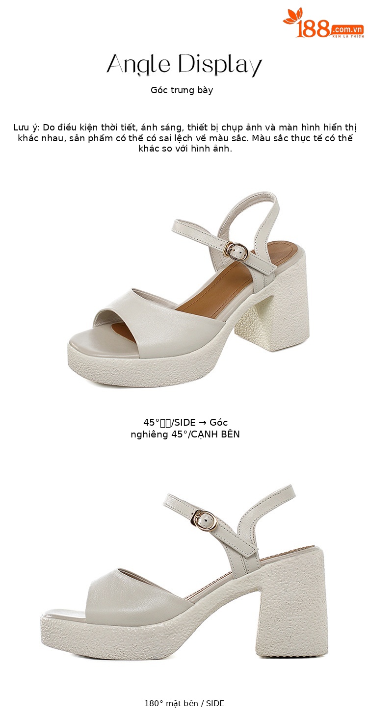 Sandal cao gót nữ quai ngang da thật đế dày chống thấm — Màu đen chi tiết 31