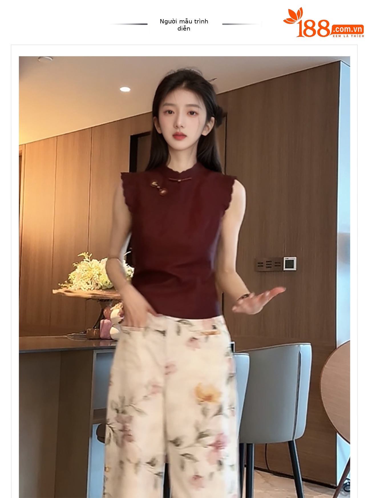 Áo vest không tay cổ đứng cài cúc lụa tơ tằm phong cách Trung Hoa mùa hè — Màu đỏ rượu chi tiết 1