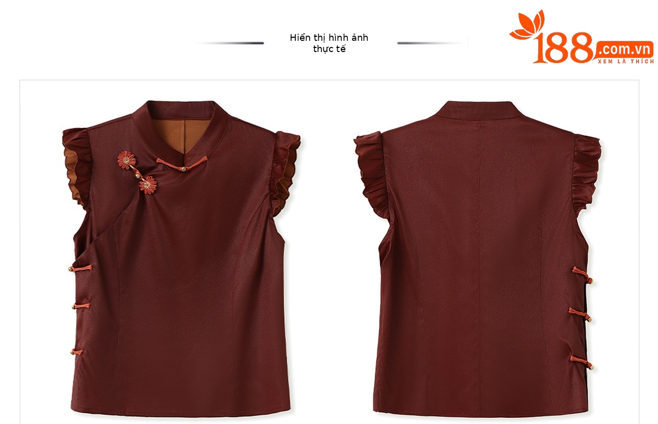 Áo vest không tay cổ đứng cài cúc lụa tơ tằm phong cách Trung Hoa mùa hè — Màu đỏ rượu chi tiết 4