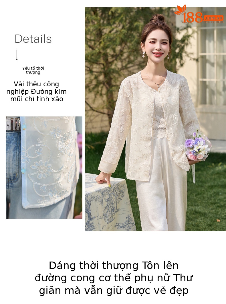 Áo khoác nữ phong cách Trung Quốc mới thêu hoa cổ điển mỏng nhẹ mùa hè 2025 — Màu xanh lam, Màu mơ chi tiết 5