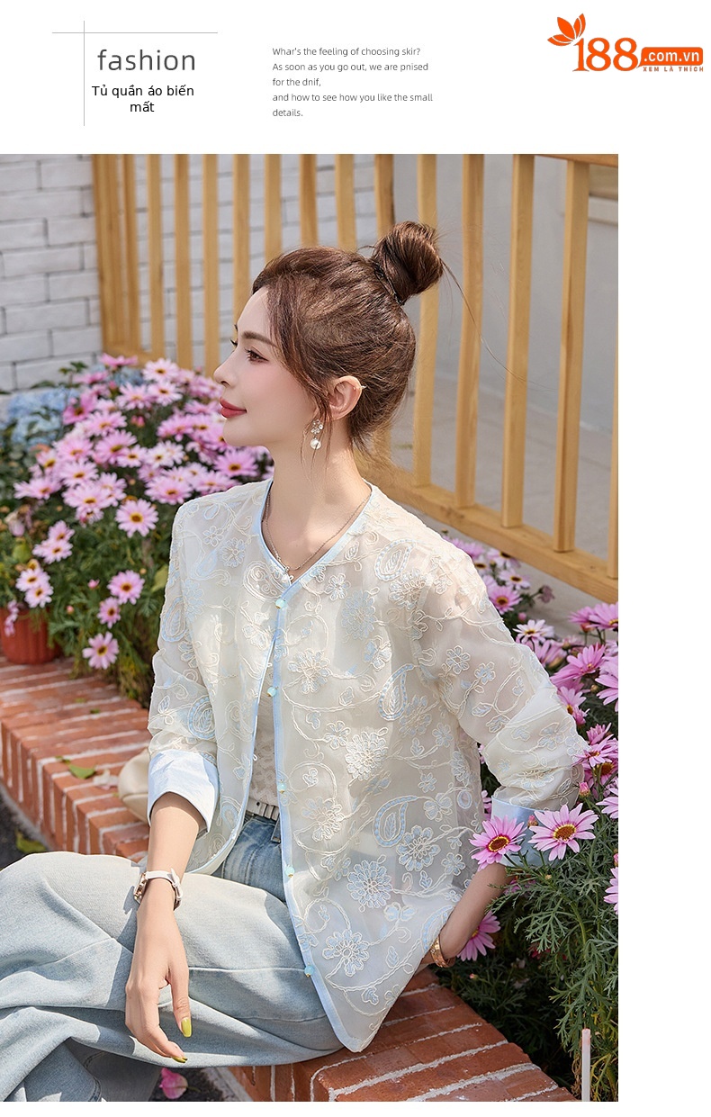 Áo khoác nữ phong cách Trung Quốc mới thêu hoa cổ điển mỏng nhẹ mùa hè 2025 — Màu xanh lam, Màu mơ chi tiết 17