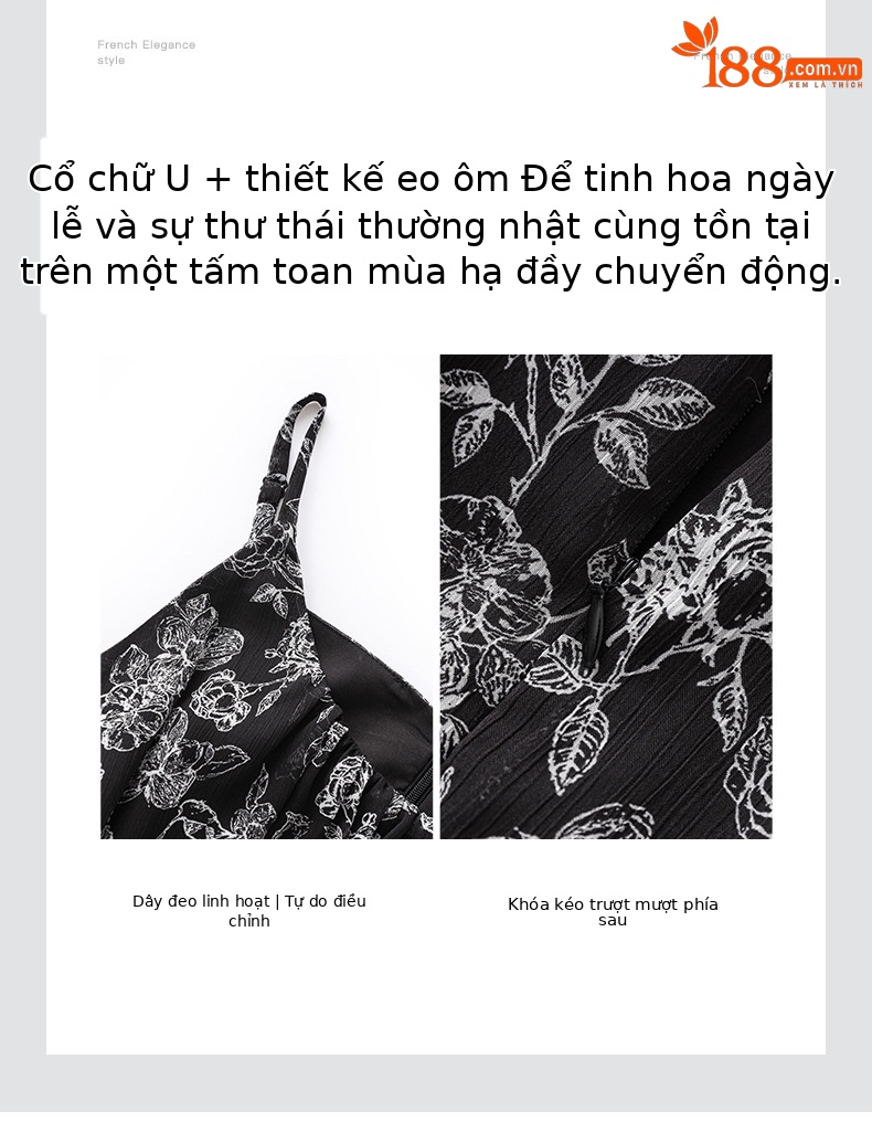 Váy maxi voan in họa tiết cổ điển Pháp mùa hè, dáng suông thắt eo — Màu đen chi tiết 4
