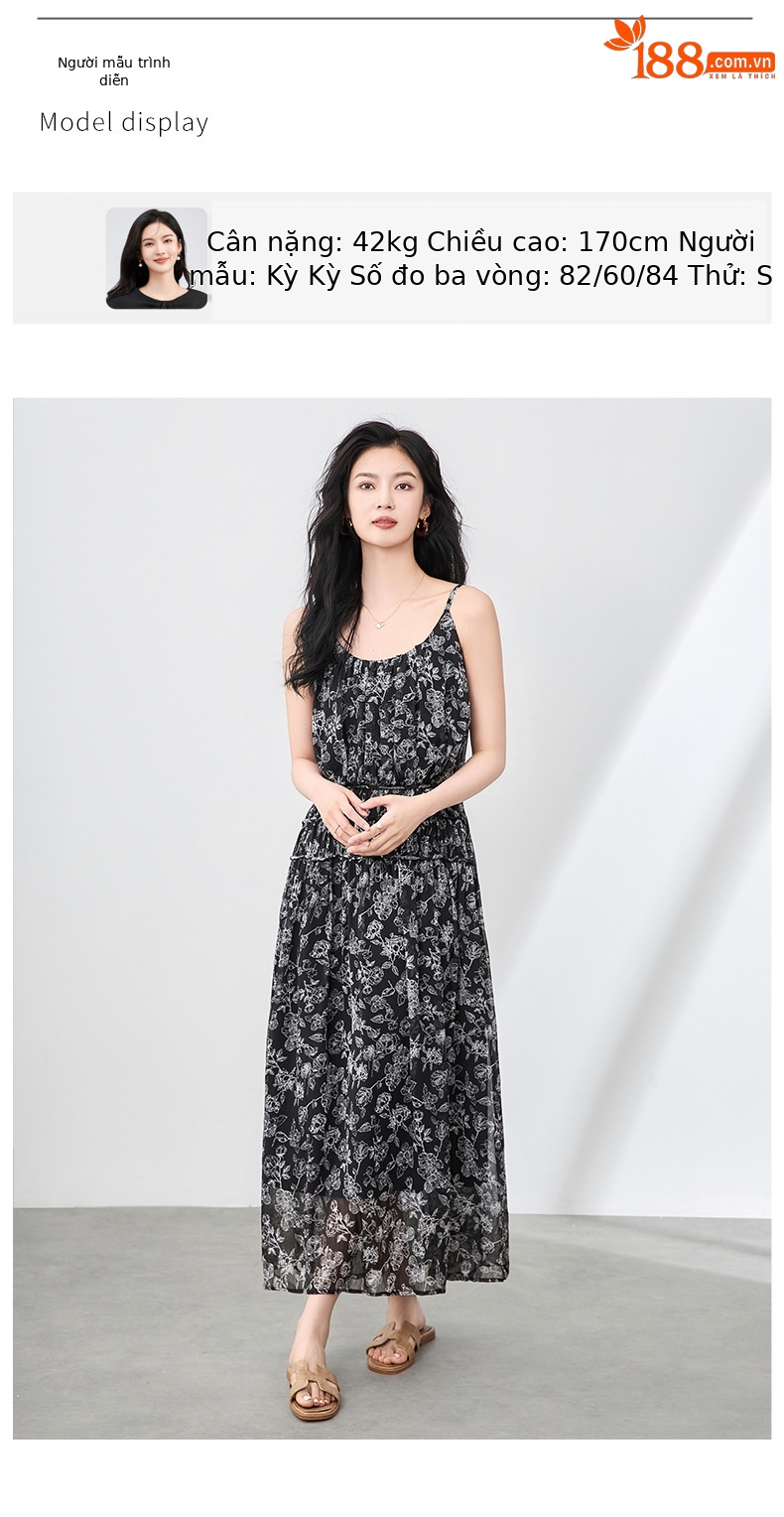 Váy maxi voan in họa tiết cổ điển Pháp mùa hè, dáng suông thắt eo — Màu đen chi tiết 5