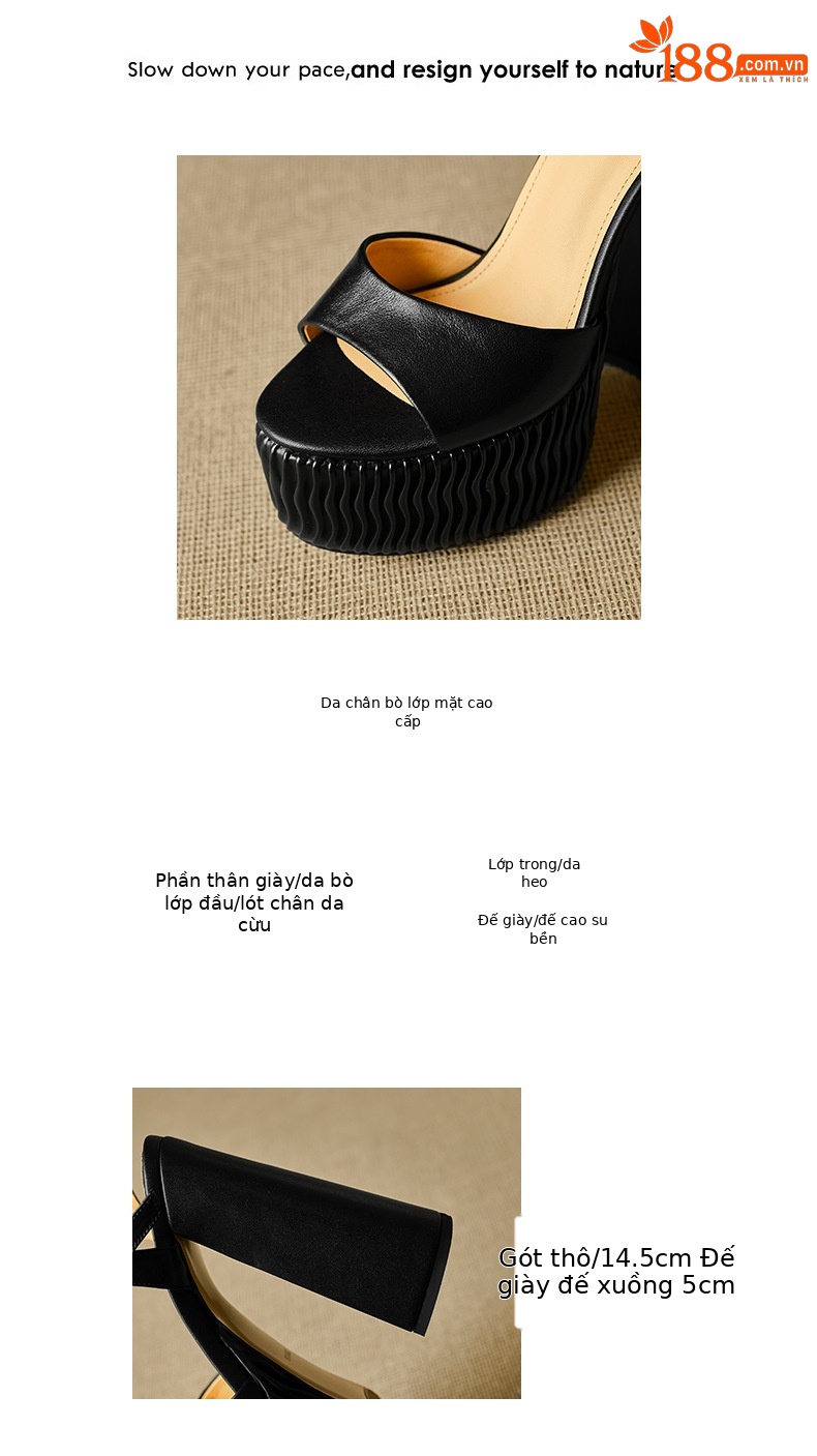 Sandal cao gót nữ quai ngang miệng cá đế xuồng 15 cm da thật — Màu đen chi tiết 2