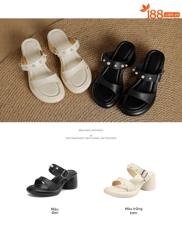 Sandal nữ hở mũi đế tăng chiều cao mùa hè, mũi tròn khóa kim loại ngọc trai — đen, Màu trắng nhạt chi tiết 4