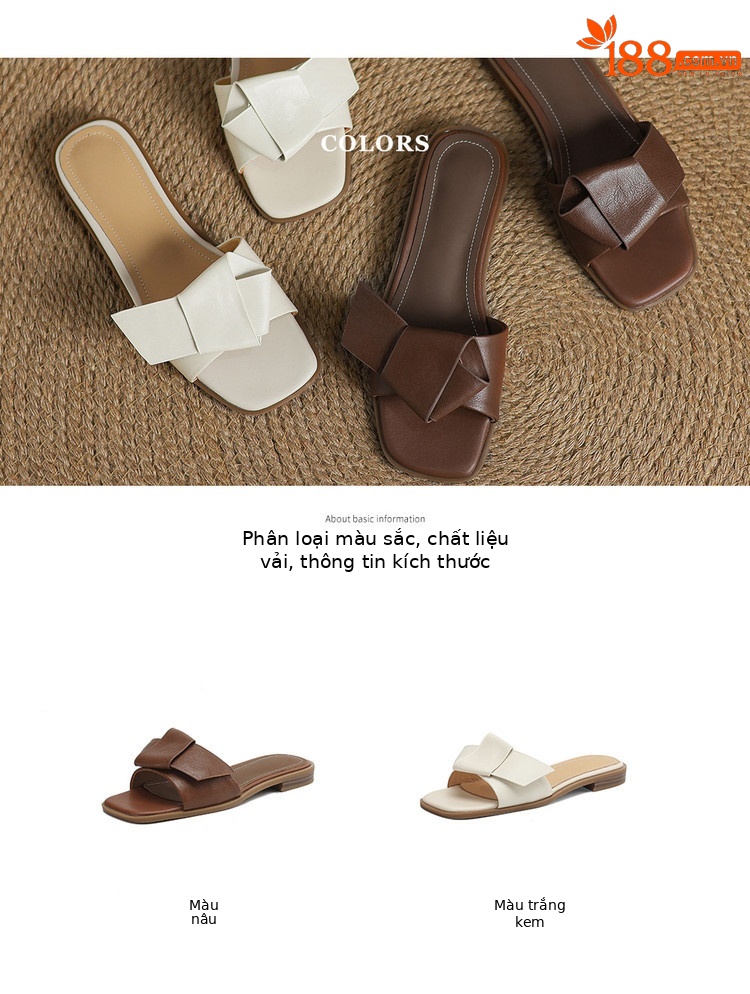 Dép sandal nữ da thật mũi vuông quai chữ V gấp gọn hoa — nâu, Màu trắng nhạt chi tiết 6