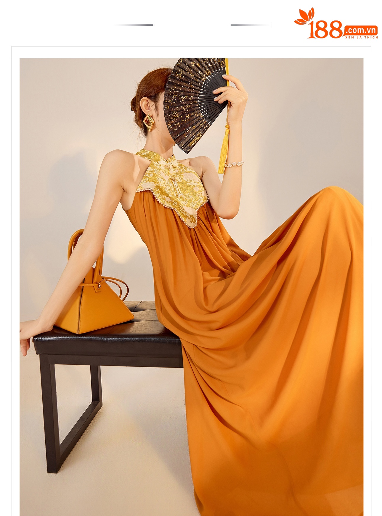 Váy dài cổ qipao thiết kế sang trọng mùa xuân hè — Màu cam, Màu mơ chi tiết 1