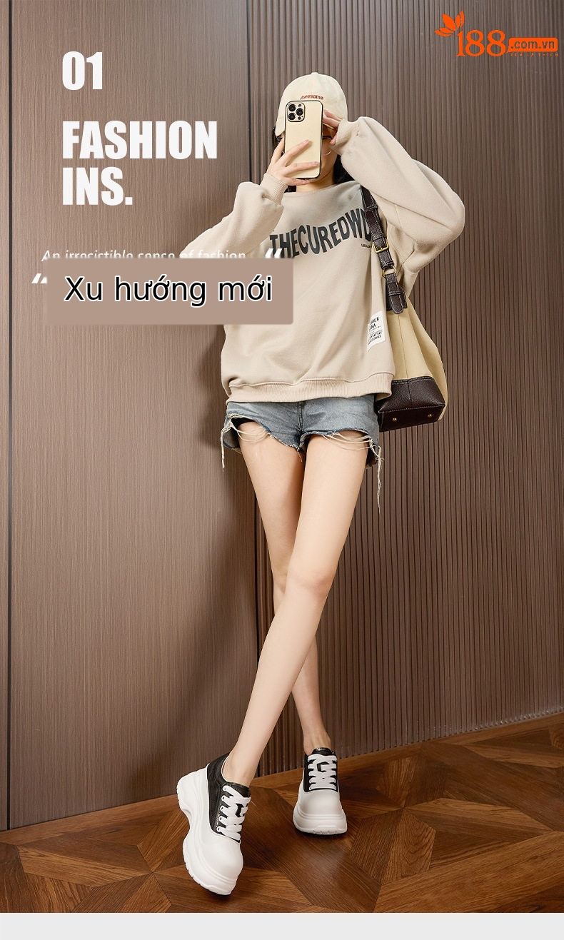 Giày sneaker nữ chunky đế dày platform trắng mũi tròn — Gạo trắng, Đen chi tiết 2