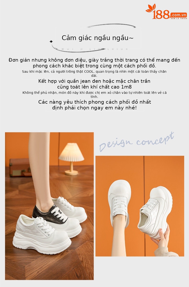 Giày sneaker nữ chunky đế dày platform trắng mũi tròn — Gạo trắng, Đen chi tiết 4