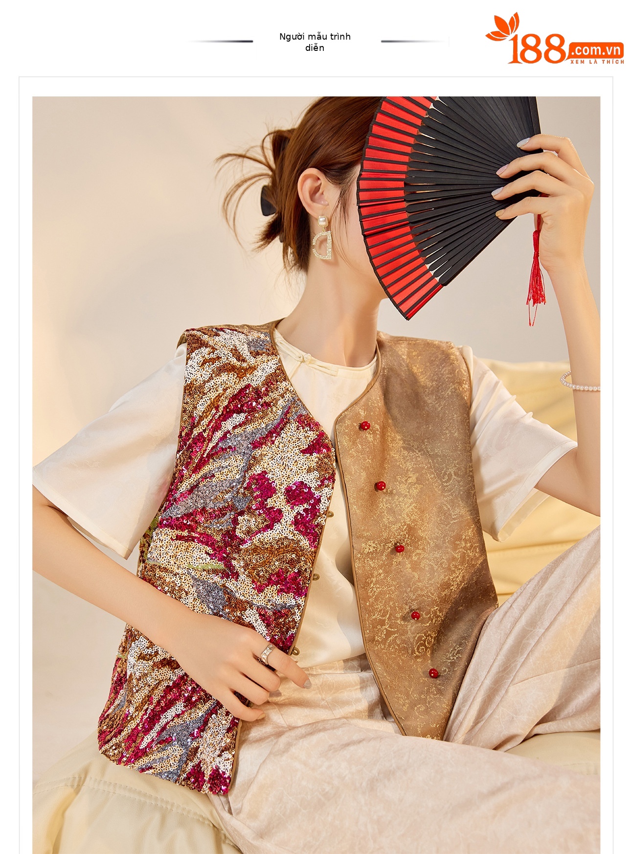 Áo vest nữ phong cách Trung Hoa mới 2026, thiết kế thêu sequin, chất rayon sang trọng — Đen, Màu huyền ảo, Xanh lam chi tiết 1