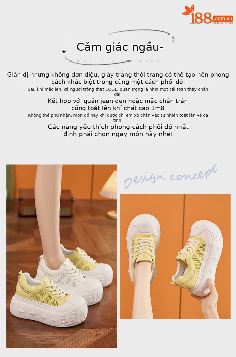 Giày sneaker nữ chunky đế dày phong cách thể thao, đế cao 8 cm — Hình cầu, Trắng chi tiết 4