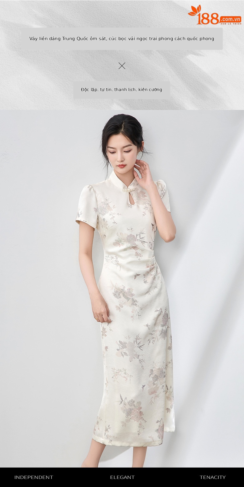 Váy liền sườn xám cổ đứng cài khuy ngọc trai in hoa mát mẻ dáng dài — Màu mơ chi tiết 1