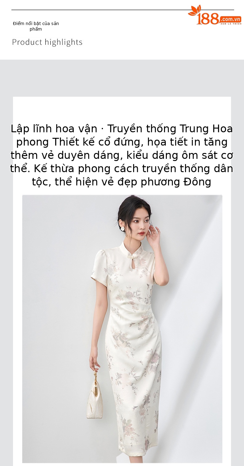 Váy liền sườn xám cổ đứng cài khuy ngọc trai in hoa mát mẻ dáng dài — Màu mơ chi tiết 4