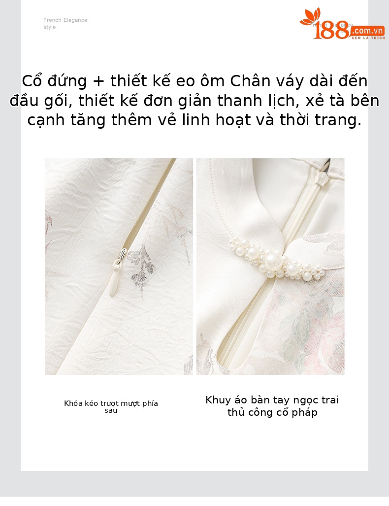 Váy liền sườn xám cổ đứng cài khuy ngọc trai in hoa mát mẻ dáng dài — Màu mơ chi tiết 5