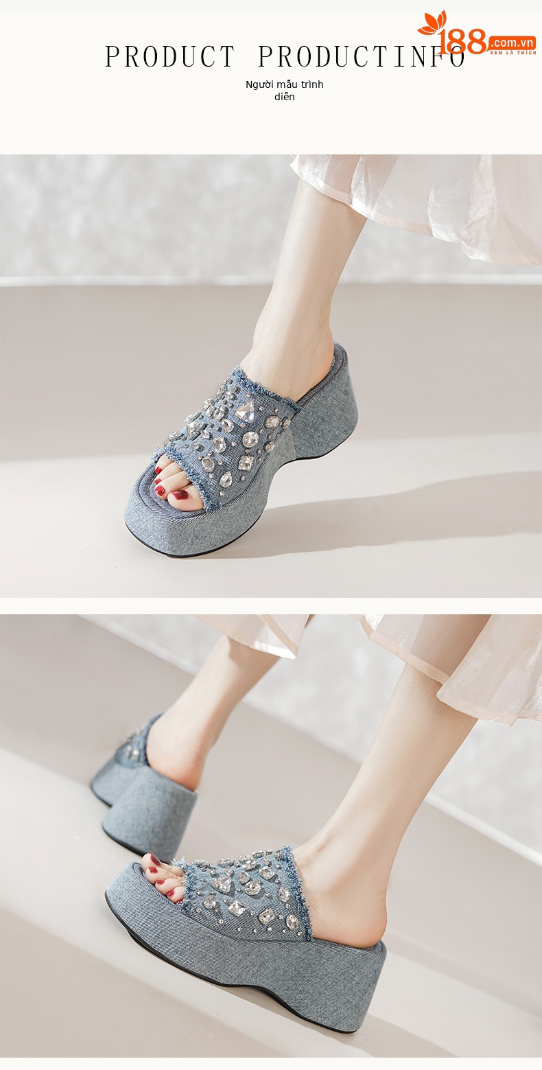 Dép lê nữ đế dày quai ngang denim đính đá rhinestone mùa hè — Màu đen, Xanh denim chi tiết 2
