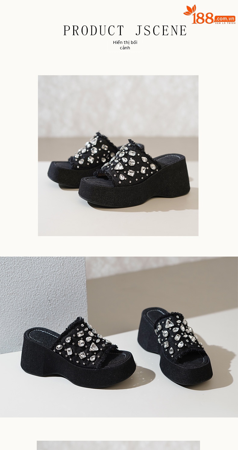 Dép lê nữ đế dày quai ngang denim đính đá rhinestone mùa hè — Màu đen, Xanh denim chi tiết 5