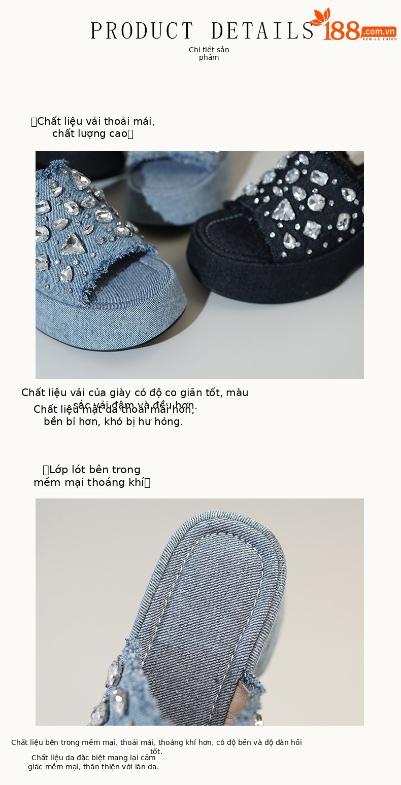 Dép lê nữ đế dày quai ngang denim đính đá rhinestone mùa hè — Màu đen, Xanh denim chi tiết 7