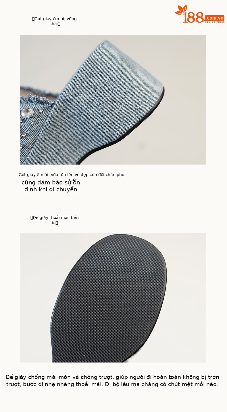 Dép lê nữ đế dày quai ngang denim đính đá rhinestone mùa hè — Màu đen, Xanh denim chi tiết 8