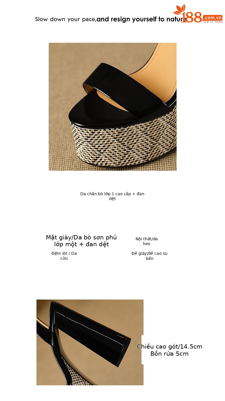 Sandal hở mũi một dây Yichuan da thật gót vuông cao 9 cm — đen chi tiết 2