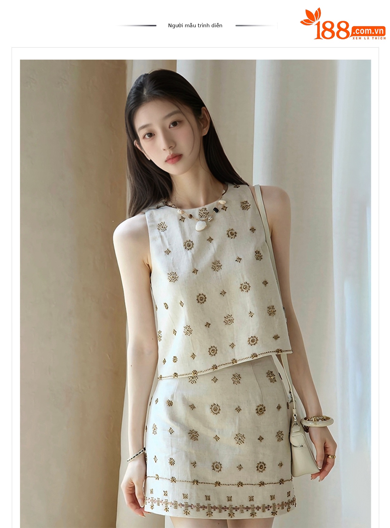 Bộ váy và áo vest không tay đính cườm phong cách Pháp sang trọng mùa hè ZX N4050 — Váy nửa, Áo ba lỗ chi tiết 1