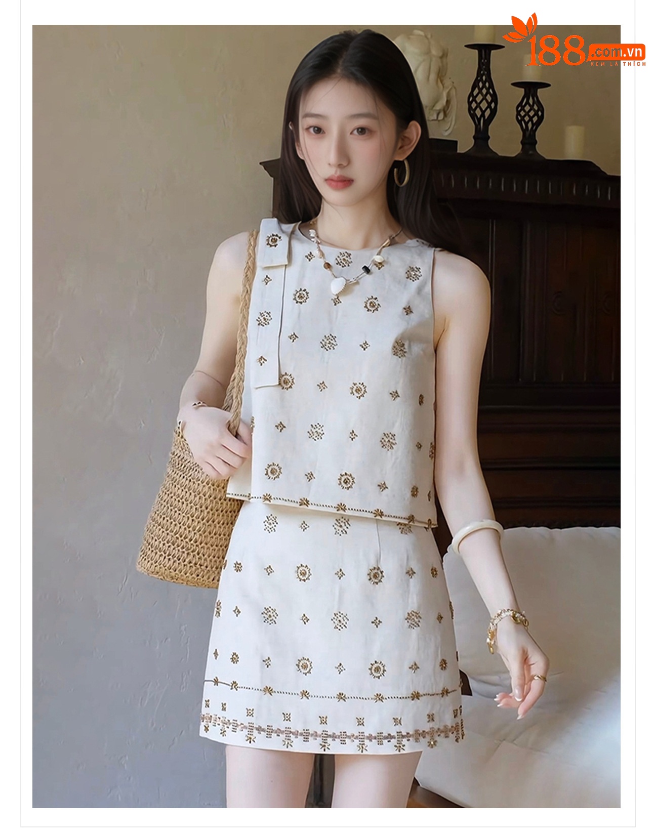 Bộ váy và áo vest không tay đính cườm phong cách Pháp sang trọng mùa hè ZX N4050 — Váy nửa, Áo ba lỗ chi tiết 3