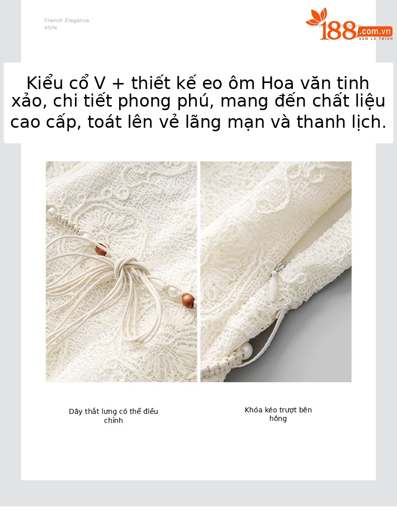Đầm maxi nữ cổ chữ V thêu hoa tay ngắn phong cách nghỉ dưỡng — đen chi tiết 5
