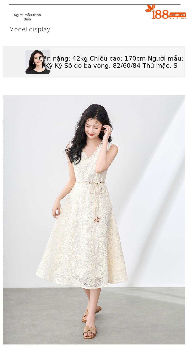 Đầm maxi nữ cổ chữ V thêu hoa tay ngắn phong cách nghỉ dưỡng — đen chi tiết 6