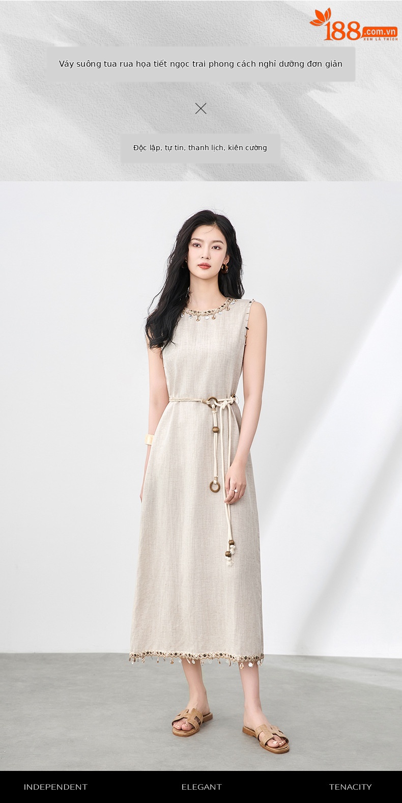 Đầm maxi nữ không tay phong cách Bohemian chất liệu linen tencel phối tua rua — Màu kaki chi tiết 1