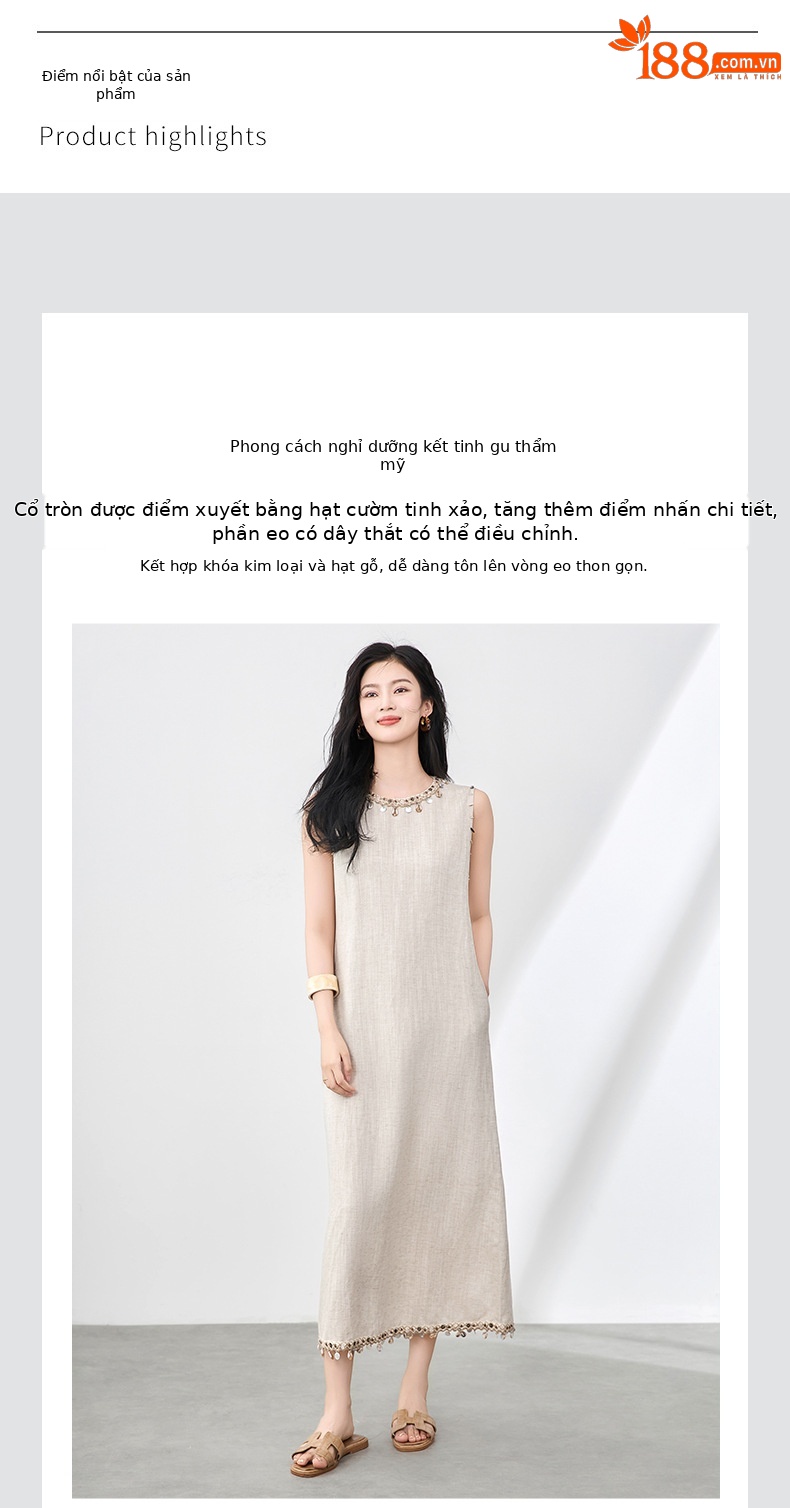 Đầm maxi nữ không tay phong cách Bohemian chất liệu linen tencel phối tua rua — Màu kaki chi tiết 4