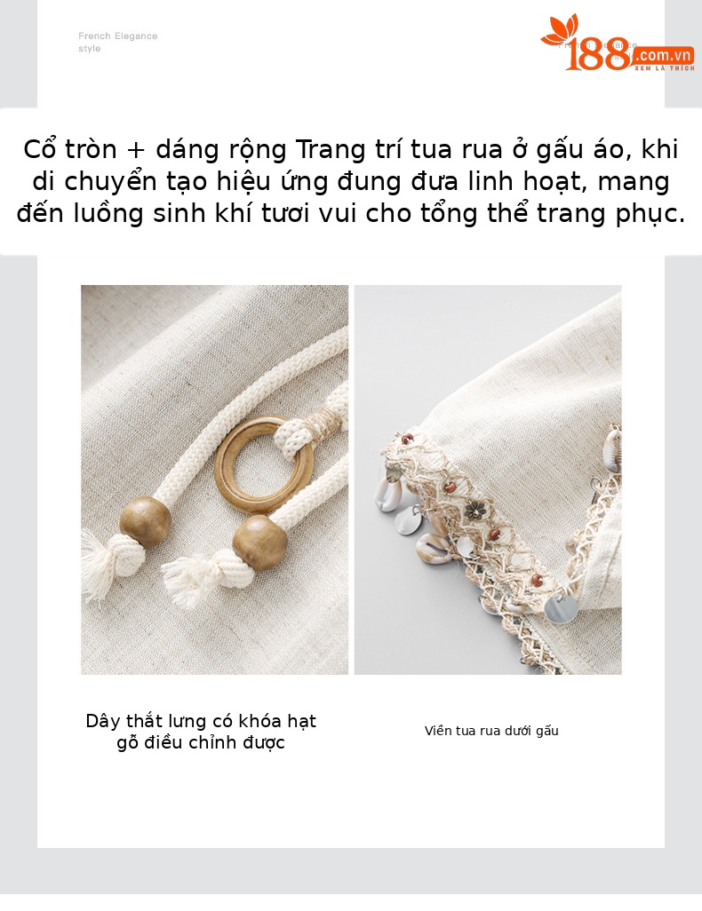 Đầm maxi nữ không tay phong cách Bohemian chất liệu linen tencel phối tua rua — Màu kaki chi tiết 5