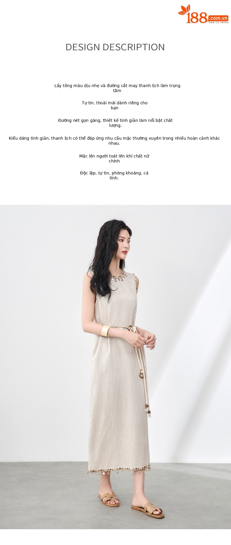 Đầm maxi nữ không tay phong cách Bohemian chất liệu linen tencel phối tua rua — Màu kaki chi tiết 2