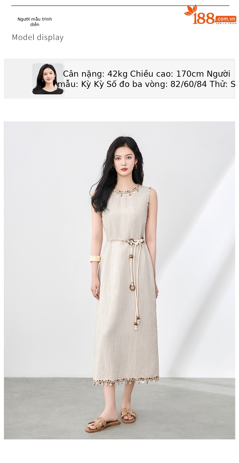 Đầm maxi nữ không tay phong cách Bohemian chất liệu linen tencel phối tua rua — Màu kaki chi tiết 6
