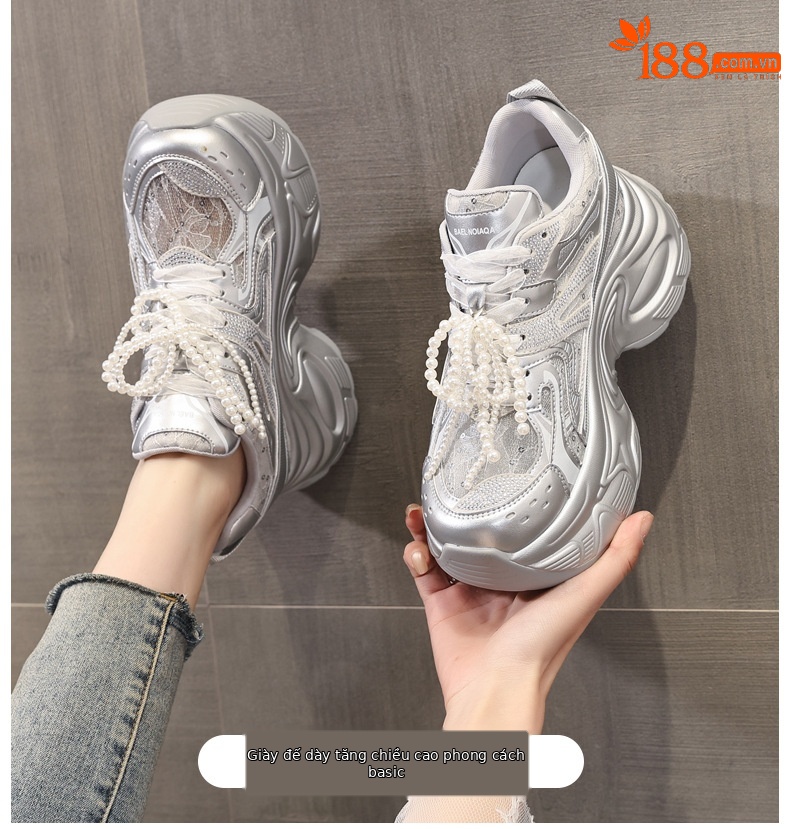 Giày sneaker chunky đế dày lưới thoáng khí tăng chiều cao nữ — Màu trắng chi tiết 1