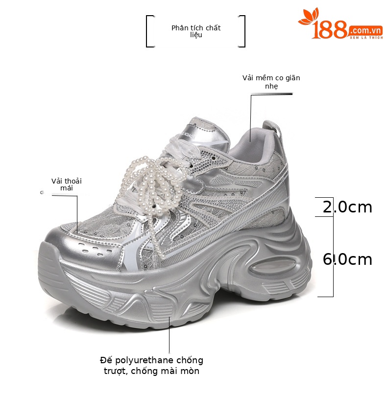 Giày sneaker chunky đế dày lưới thoáng khí tăng chiều cao nữ — Màu trắng chi tiết 3