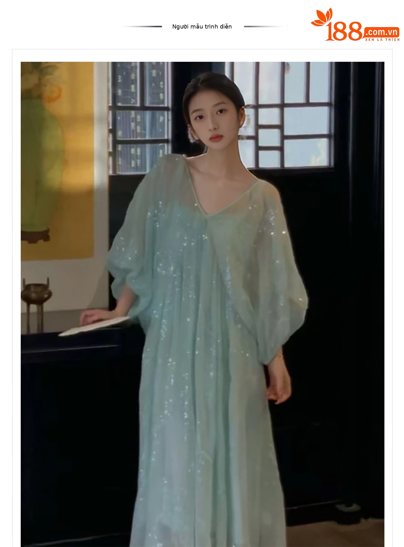 Đầm suông midi phong cách Trung Hoa thêu sequin tay ngắn cổ tròn — Xanh bạc hà chi tiết 1
