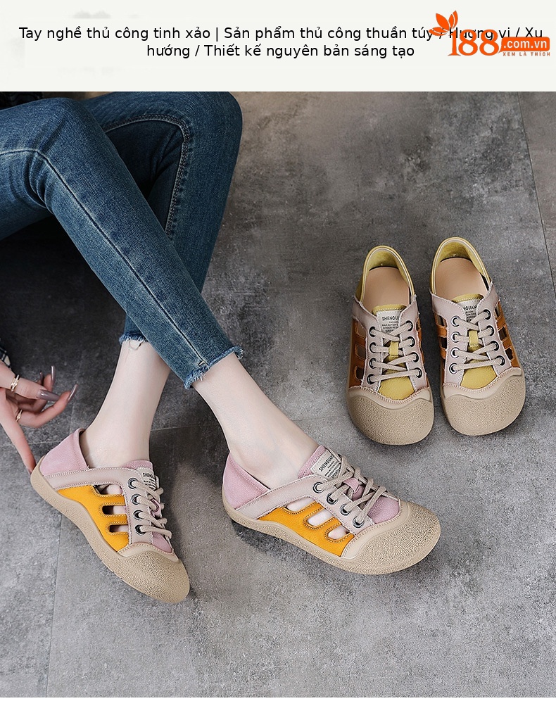 Giày sneaker nữ da bò retro đế bằng phong cách thể thao — màu hồng chi tiết 1