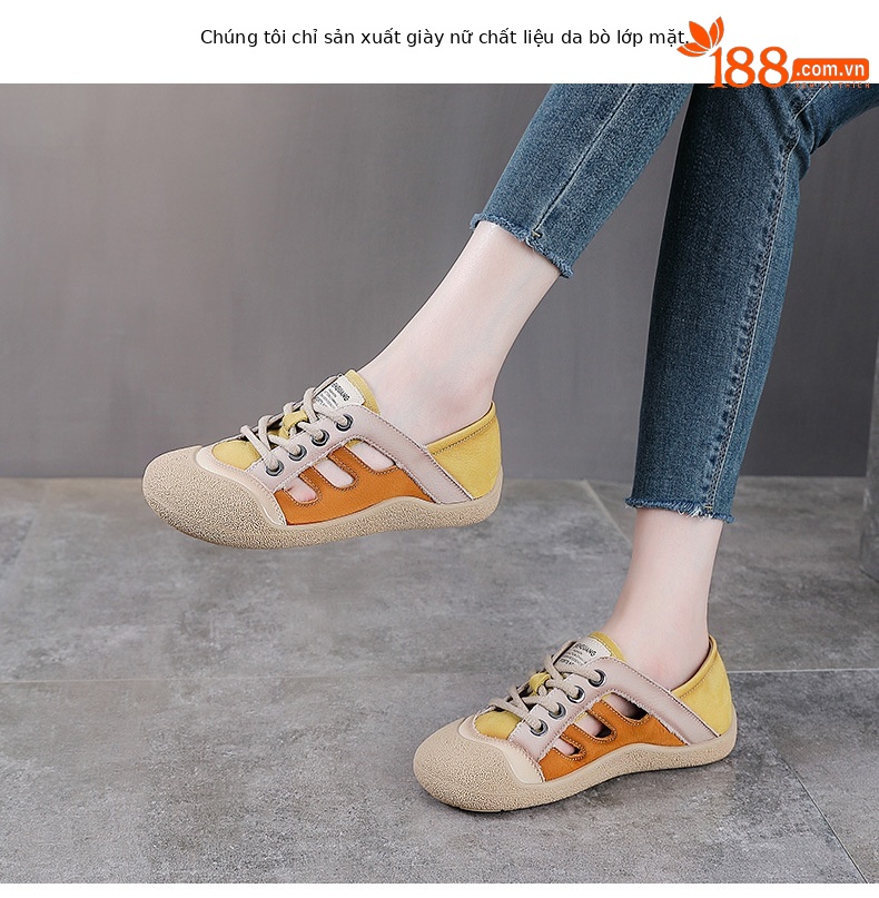 Giày sneaker nữ da bò retro đế bằng phong cách thể thao — màu hồng chi tiết 2