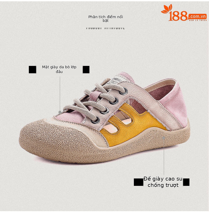 Giày sneaker nữ da bò retro đế bằng phong cách thể thao — màu hồng chi tiết 3