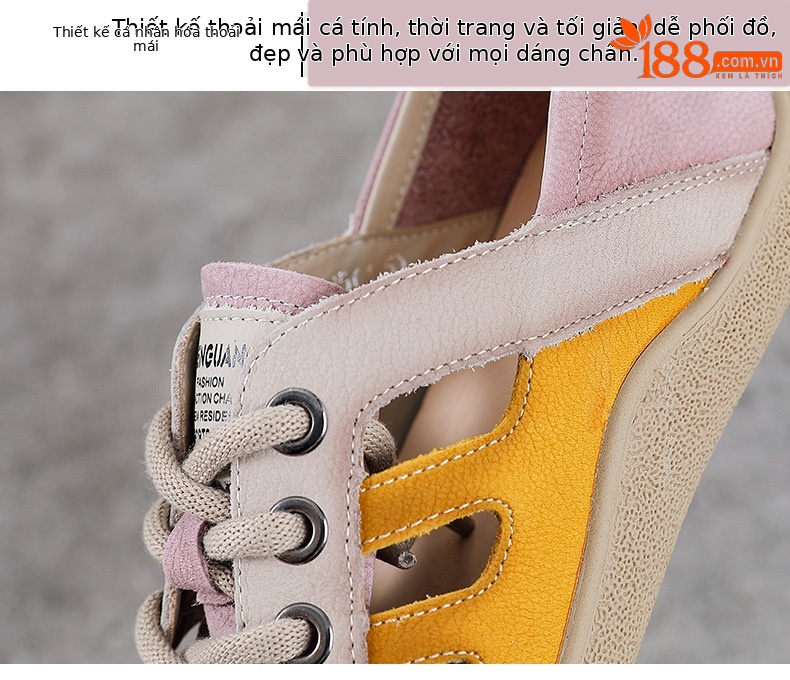 Giày sneaker nữ da bò retro đế bằng phong cách thể thao — màu hồng chi tiết 5